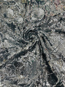 Orchid Flower Sequins Design - Silver - Embroidered 4 Way Stretch Full Of Sequins Fabric Sold By Yard