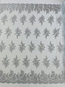 Flower Lace Sequins Fabric - Silver - Embroidered Floral Pattern Fabric with Sequins on Lace By Yard