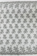 Floral Cluster Corded Fabric - Silver - Fancy Flower Embroidery Lace Mesh Fabric By Yard