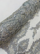 Beaded Floral Fabric - Silver - Luxury Bridal Floral Pattern Fabric With Beads, Sequins Sold By Yard