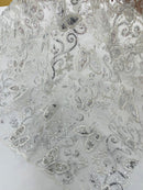 Butterfly Floral Lace Fabric - Silver - Butterfly Flower Metallic Design on Lace Fabric By Yard