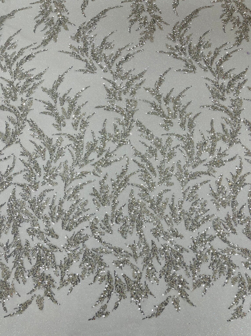 Plant Cluster Glitter Fabric - Silver - Beaded Embroidered Leaf Plant Design on Lace Mesh By Yard