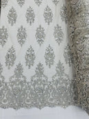 Embroidered Bead Fabric - Silver - Floral Damask Bead Bridal Lace Fabric by the yard