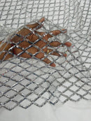 Diamond Net Sequins Fabric - Silver - Geometric Diamond Net Design on Mesh Lace Fabric By Yard