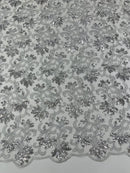 Metallic Thread Floral Design - Silver - Flower Lace Sequins Corded by the yard