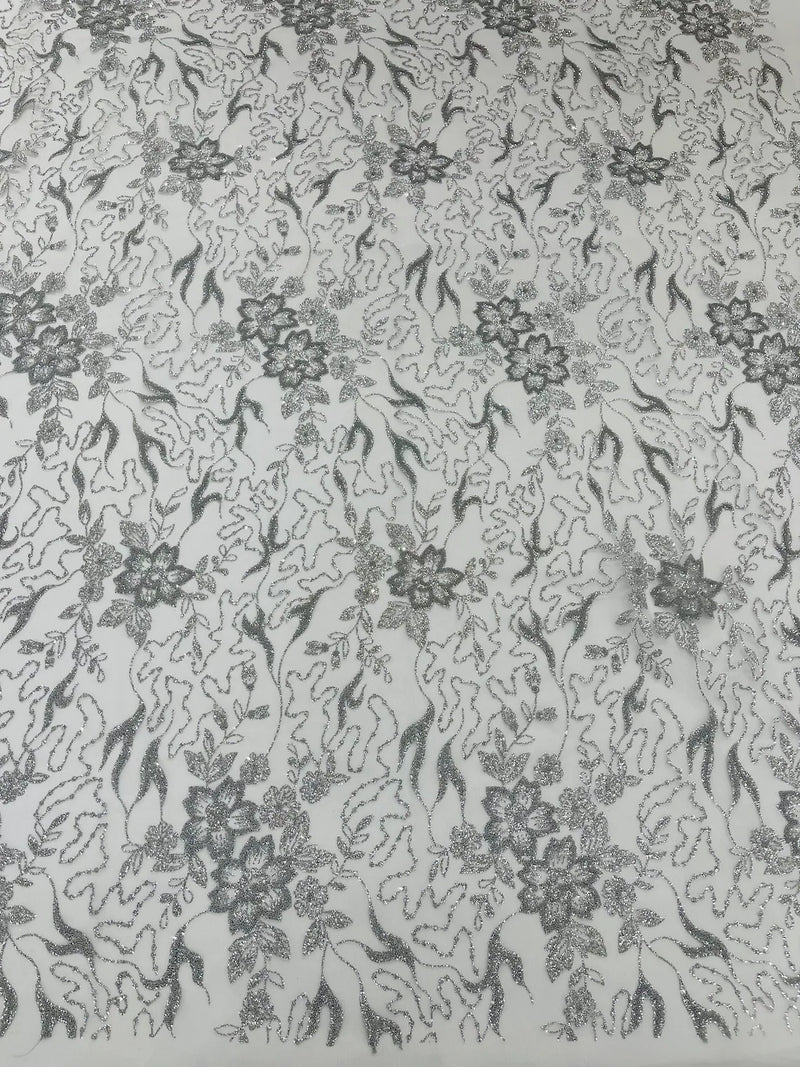 Floral Glitter Design Fabric - Silver - 3D Glitter Tulle Flower Plant Design Fabric By Yard