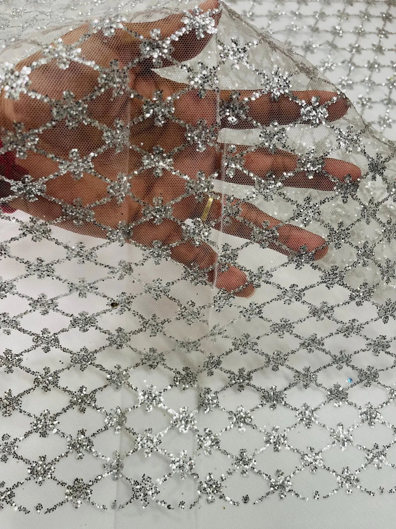 Diamond Design Glitter Fabric - Silver - Triangle Shiny Glitter Mesh with Flower Decor by Yard