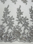 Rose Beaded Sequin Fabric - Silver - Embroidered Floral Pattern with Beads and Sequins By Yard