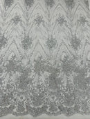 Glitter Damask Geometric Fabric - Silver - Geometric Damask Design Lace Mesh Fabric By Yard