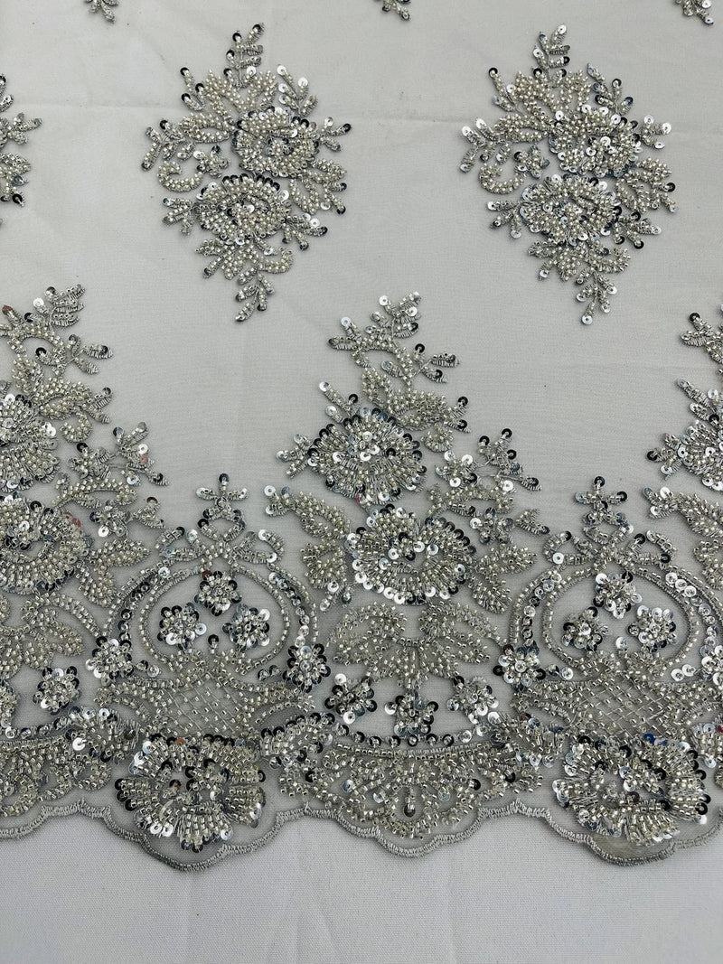 Heavy Bridal Lace Fabric - Silver - Floral Beaded Heavy Lace Fabric Sold by Yard