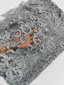 King Lace Design Fabric - Silver - King Design with Sequins Embroidered On Mesh By Yard