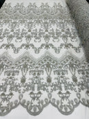 Damask Beaded Glam Fabric -Silver - Embroidery Beaded Fabric with Round Beads Sold By The Yard