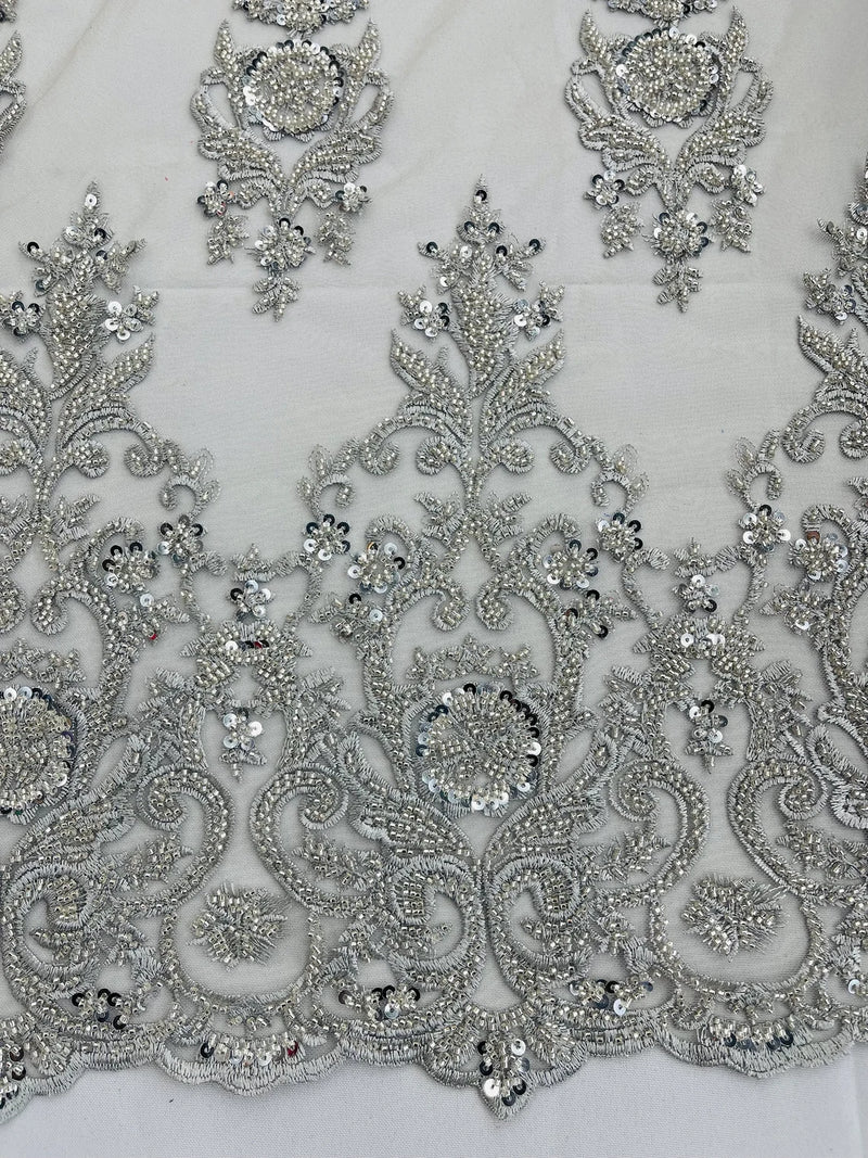 Embroidered Bead Fabric - Silver - Floral Damask Bead Bridal Lace Fabric by the yard