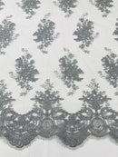 Damask Flower Lace Fabric - Silver - Damask Flowers Embroidered on Lace Fabric By Yard