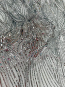 Curvy Design Sequins Fabric - Silver - 4 Way Stretch Curvy Sequins Design Mesh Fabric by Yard