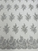 Flower Lace Sequins Fabric - Silver - Embroidered Floral Pattern Fabric with Sequins on Lace By Yard