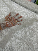 Beautiful Damask Design Glitter Fabric - Silver - Glitter Design on Lace Mesh Dress Fabric By Yard