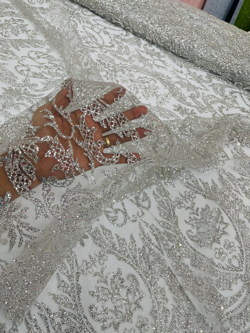 Beautiful Damask Design Glitter Fabric - Silver - Glitter Design on La Beautiful Damask Design Glitter Fabric - Silver - Glitter Design on La