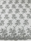 Floral Cluster Corded Fabric - Silver - Fancy Flower Embroidery Lace Mesh Fabric By Yard