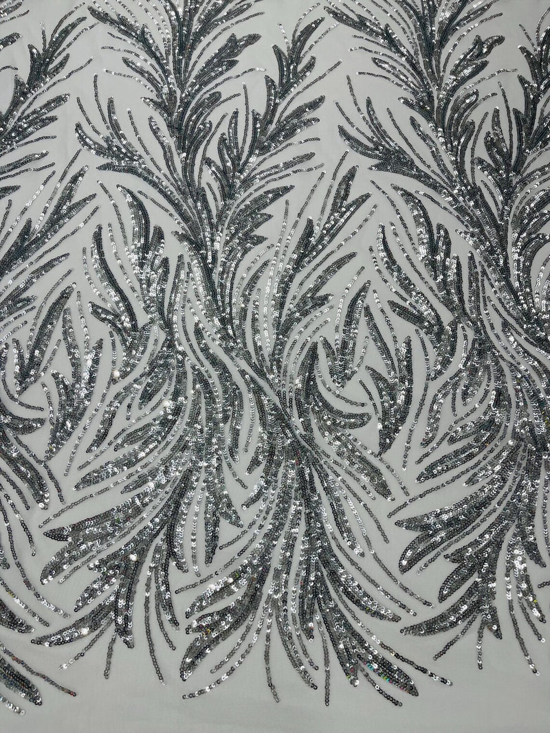 Leaf Stretch Sequins Fabric - Silver - 4 Way Stretch Sequins on Lace Mesh Fabric by Yard