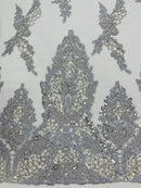 Beaded Floral Fabric - Silver - Luxury Bridal Floral Pattern Fabric With Beads, Sequins Sold By Yard