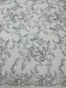 Flower Metallic Lace Fabric - Silver - Corded Floral Sequins Design Fabric Embroidered on Lace by Yard