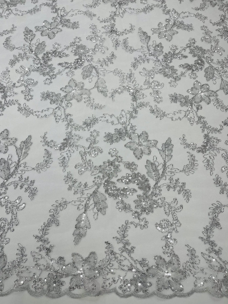 Flower Metallic Lace Fabric - Silver - Corded Floral Sequins Design Fabric Embroidered on Lace by Yard Flower Metallic Lace Fabric - Silver - Corded Floral Sequins Design Fabric Embroidered on Lace by Yard