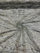 Wavy Leaf Lines Fabric - Silver - Beaded Sequins Leaf Pattern Embroidered On Mesh By Yard