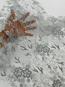 Floral Glitter Design Fabric - Silver - 3D Glitter Tulle Flower Plant Design Fabric By Yard