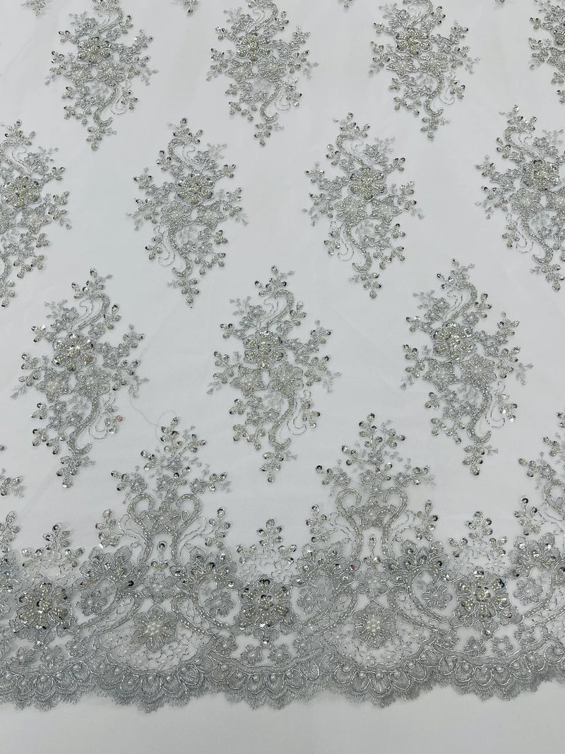 Isabela Design - Silver - Embroidery Beaded Fabric With Sequin on a Mesh Fabric by the yard