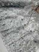 Flower 3D Glitter Fabric - Silver - Embroidered Floral Sequins Design Fabric by Yard