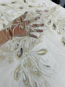 Peacock Feathers Design Lace - Silver - Embroidered Multi-Color Peacock Lace Fabric Sold by Panel