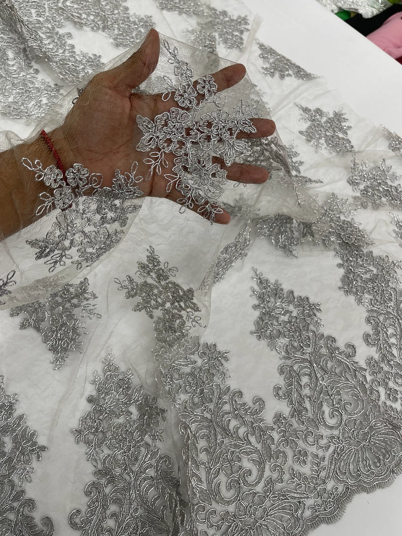 Floral Damask Corded Fabric - Silver Metallic - Embroidered Floral Design with Damask Border By Yard