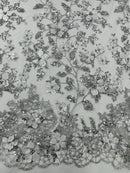 3D Glitter Floral Fabric - Silver - Glitter Sequin Flower Design on Lace Mesh Fabric by Yard