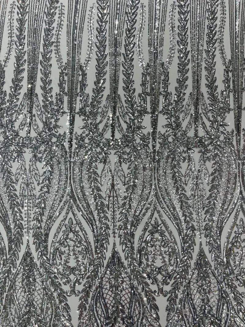 Mermaid Design Fabric - Silver - 4 Way Stretch Sequins Fabric on Lace Mesh Sold By Yard