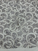 Swirl Design Bead Fabric - Silver - Beaded Swirl Design with Sequins on Mesh Lace by Yard