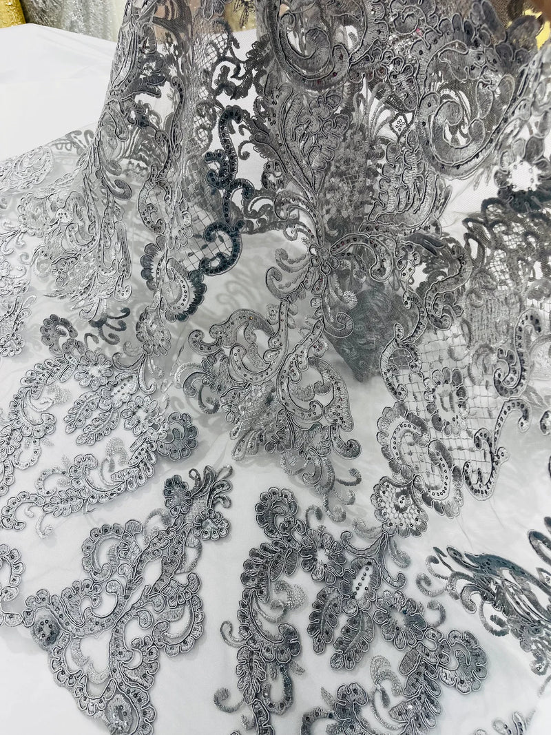 King Lace Design Fabric - Silver - King Design with Sequins Embroidered On Mesh By Yard