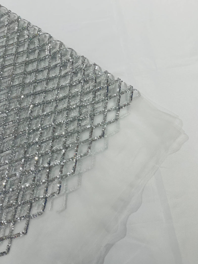 Diamond Net Sequins Fabric - Silver - Geometric Diamond Net Design on Mesh Lace Fabric By Yard