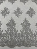 Floral Damask Corded Fabric - Silver Metallic - Embroidered Floral Design with Damask Border By Yard