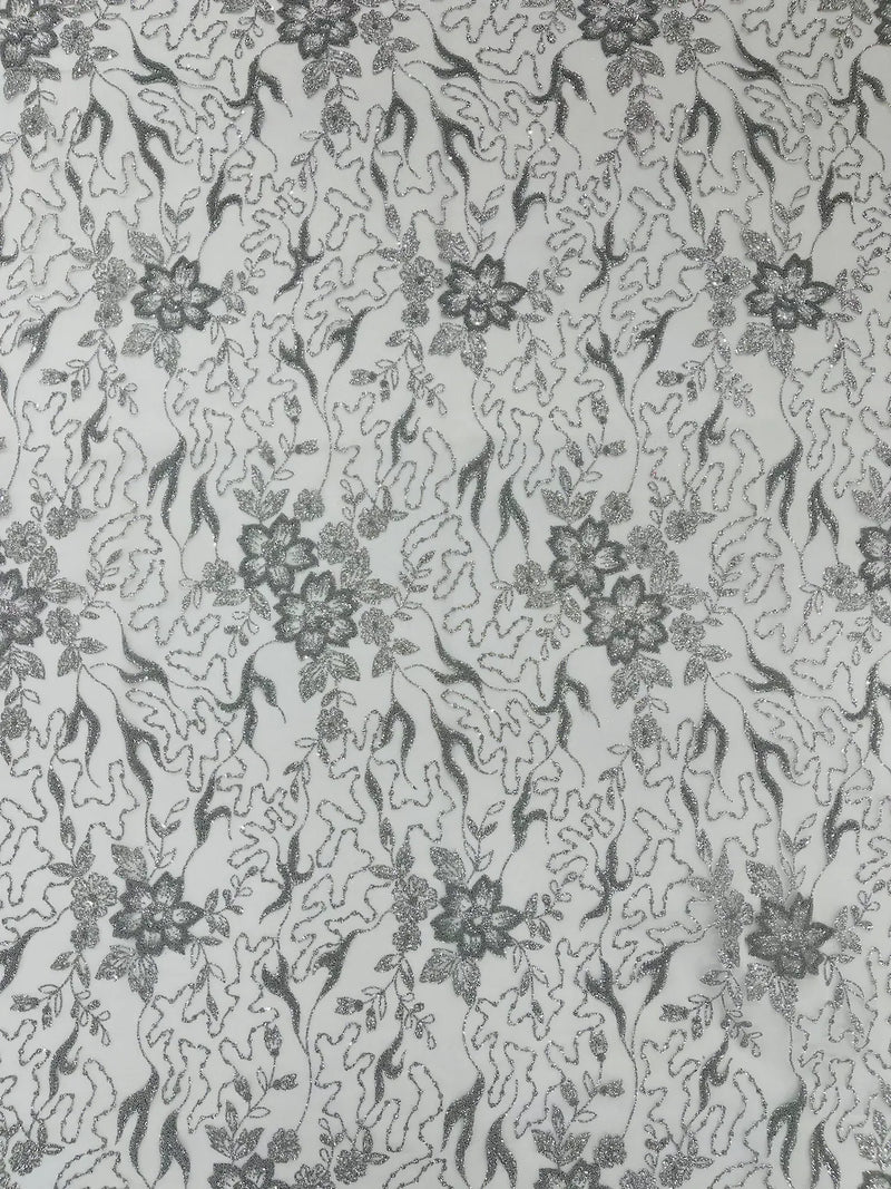 Floral Glitter Design Fabric - Silver - 3D Glitter Tulle Flower Plant Design Fabric By Yard