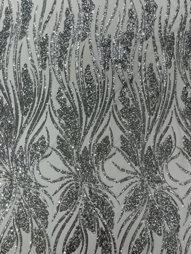 Wavy Leaf Design Fabric - Silver - 4 Way Stretch Sequins Lace Mesh Leaf Design Fabric by Yard