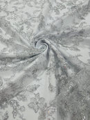 Flower Metallic Lace Fabric - Silver - Corded Floral Sequins Design Fabric Embroidered on Lace by Yard