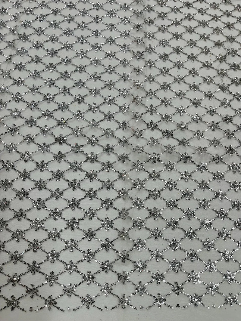 Diamond Design Glitter Fabric - Silver - Triangle Shiny Glitter Mesh with Flower Decor by Yard