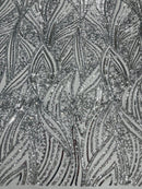 Curvy Design Sequins Fabric - Silver - 4 Way Stretch Curvy Sequins Design Mesh Fabric by Yard