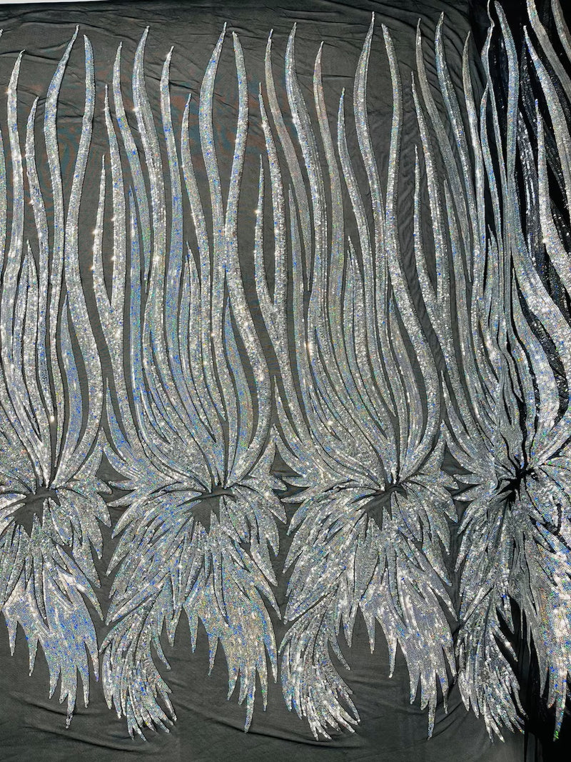 Angel Wings Sequins Fabric - Silver Holographic - 4 Way Stretch Feather Wings Sequins Design By Yard
