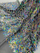 Sword Shaped Sequins - Silver Iridescent - Hanging Iridescent Sequins On Mesh Fabric By Yard