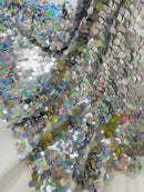 Circle Paillette Sequins - Iridescent Silver - Large Round Paillette Sequins Design Fabric By Yard