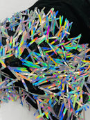 Sword Shaped Sequins - Silver Iridescent - Hanging Iridescent Sequins On Mesh Fabric By Yard