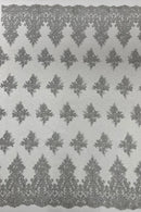 Floral Damask Corded Fabric - Silver Metallic - Embroidered Floral Design with Damask Border By Yard