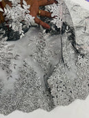 Metallic Floral Lace Fabric - Silver on Black - Beautiful Floral Sequins on Lace Mesh Fabric By Yard